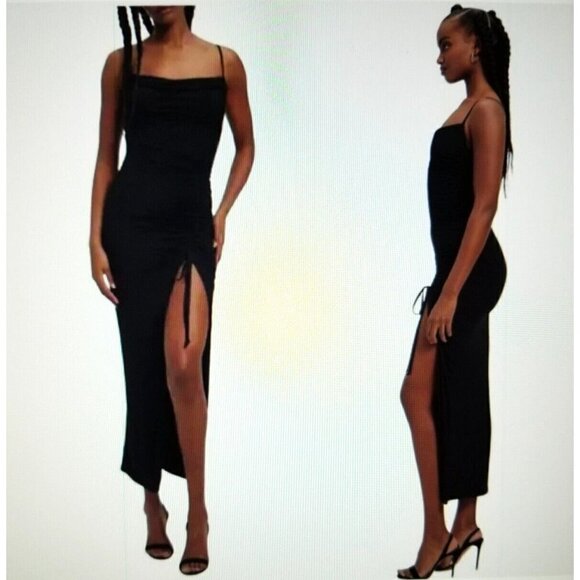 Good American Women's SLINKY JERSEY MIDI DRESS  Black Ruched Bodycon Size 3/L - Picture 1 of 12